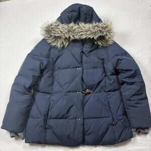Free Country Power Down Women's Small Medium navy puffer jacket with fur trim